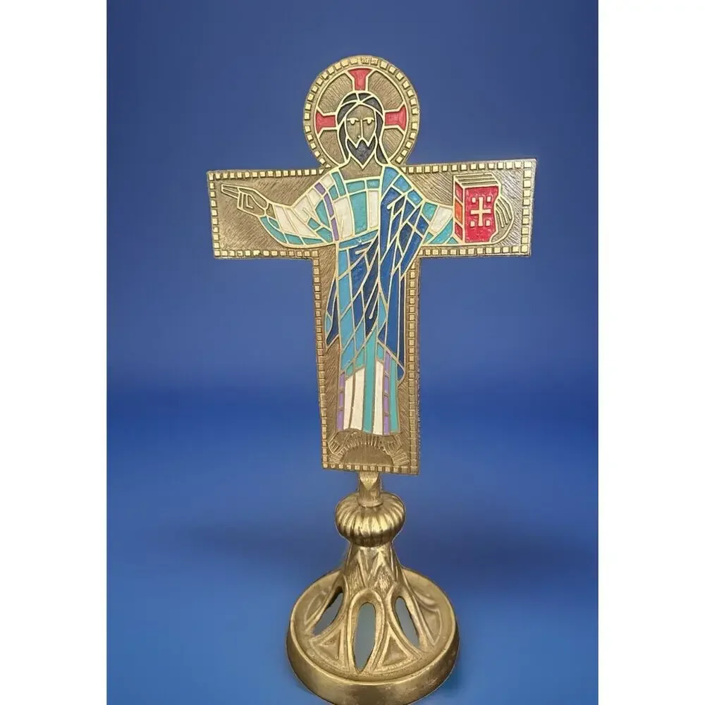 Altar Cross Brass & Enamel Crucifix Terra Sancta Handmade Israel 13” Mid Century